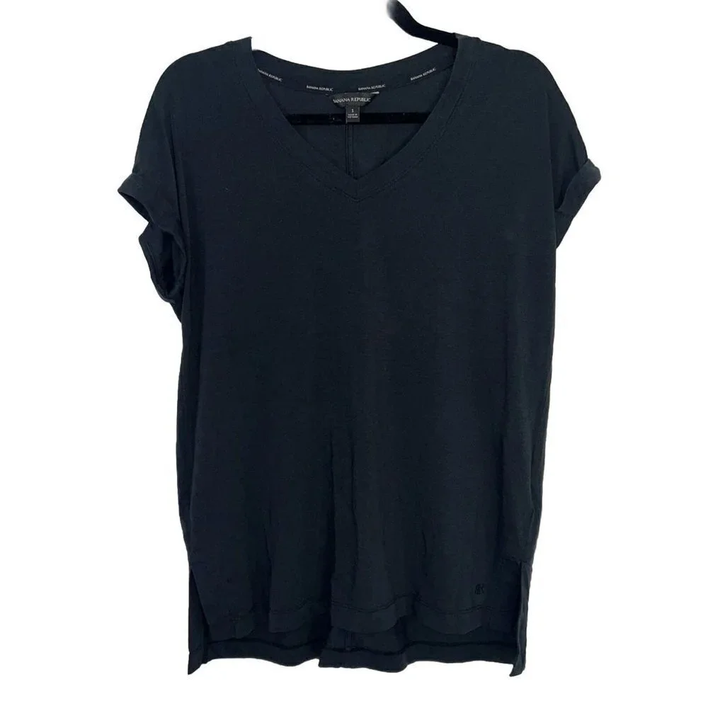 Banana Republic T Shirt Womens Small Short Rolled Sleeve V Neck Stretch Black H - Picture 1 of 9